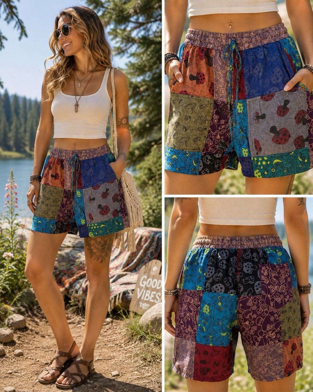 Rising International Women’s Small Patchwork Mushroom Shorts Boho Hippie Cotton